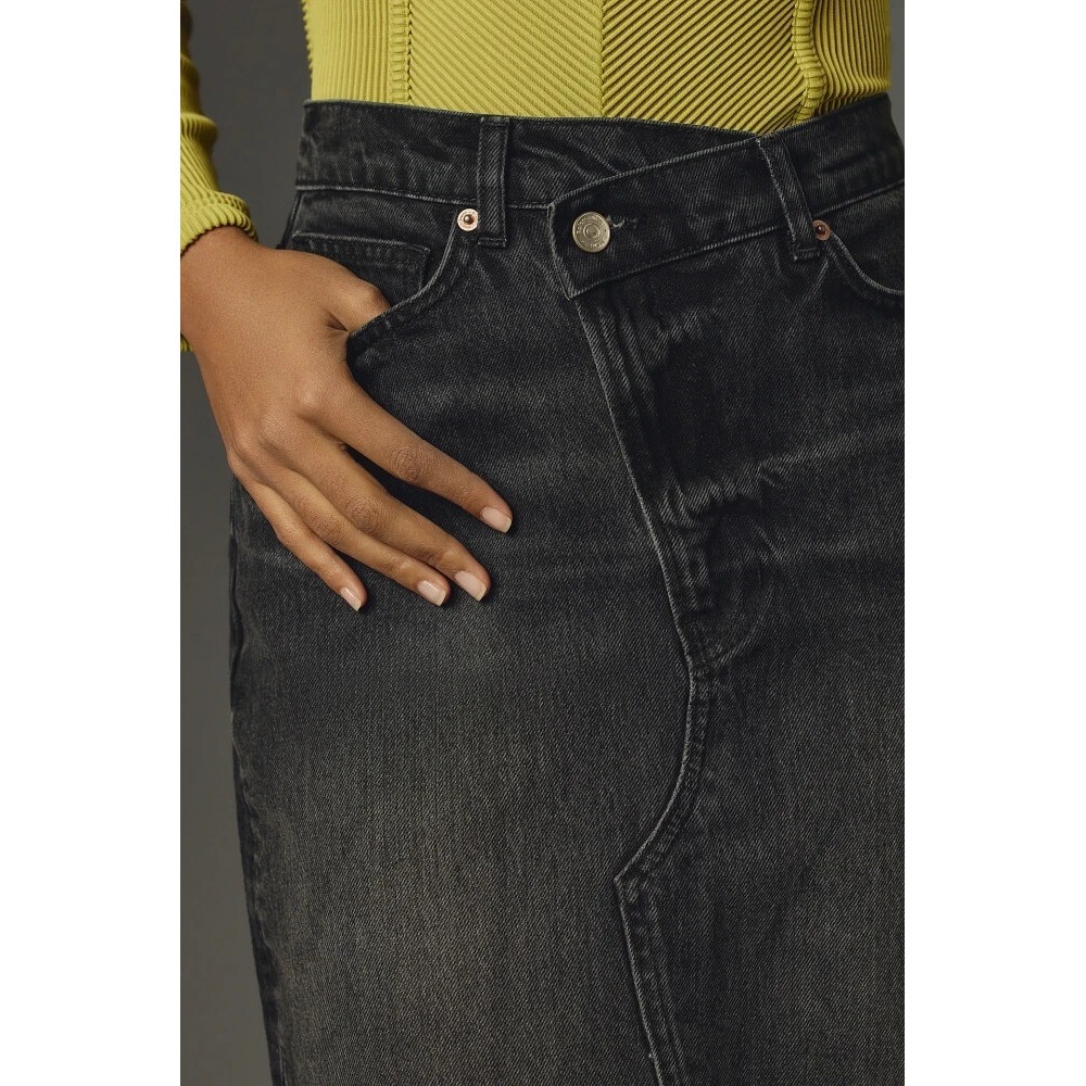 Reformation Nila Long Denim Skirt Front Slit Raw Hem Faded Washed Black Size 28 - Picture 5 of 13
